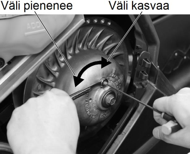 MOOTTORIKELKAN HUOLTO Voimansiirto Variaattorin hihnan kireyden tarkastus Variaattorin hihnan kireyden tarkastus tulee tehdä kytkimen ja variaattorin lautaspyörien ollessa täysin avautuneina. 1.