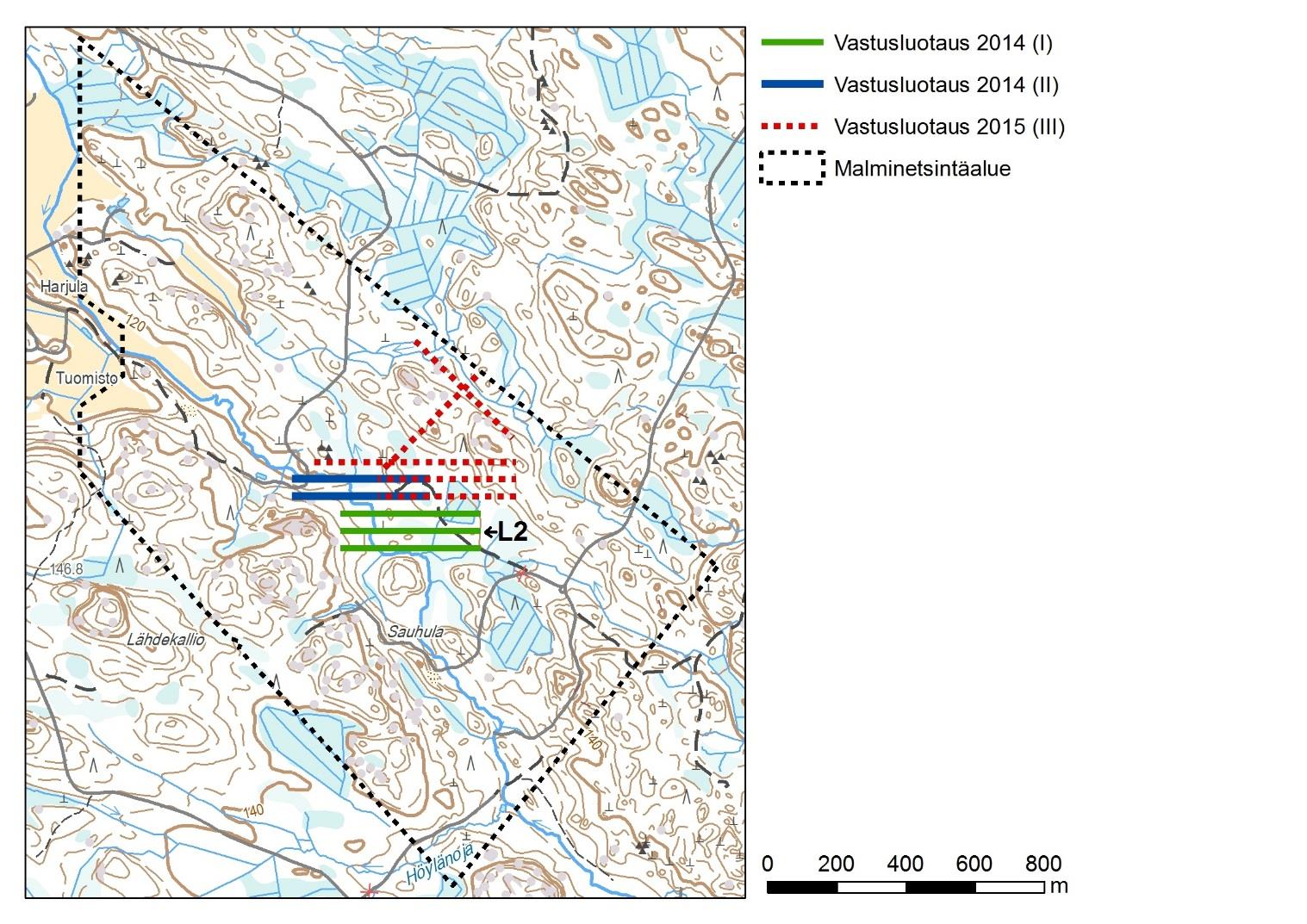 GEOLOGIAN TUTKIMUSKESKUS 97/2016 7 linjoituksiin. A) magneettinen totaalikentän intensiteetti, B) IP-varautuvuus (dipoli-dipoli), C) slingram 14 khz imaginaari, D) slingram 14 khz reaali.