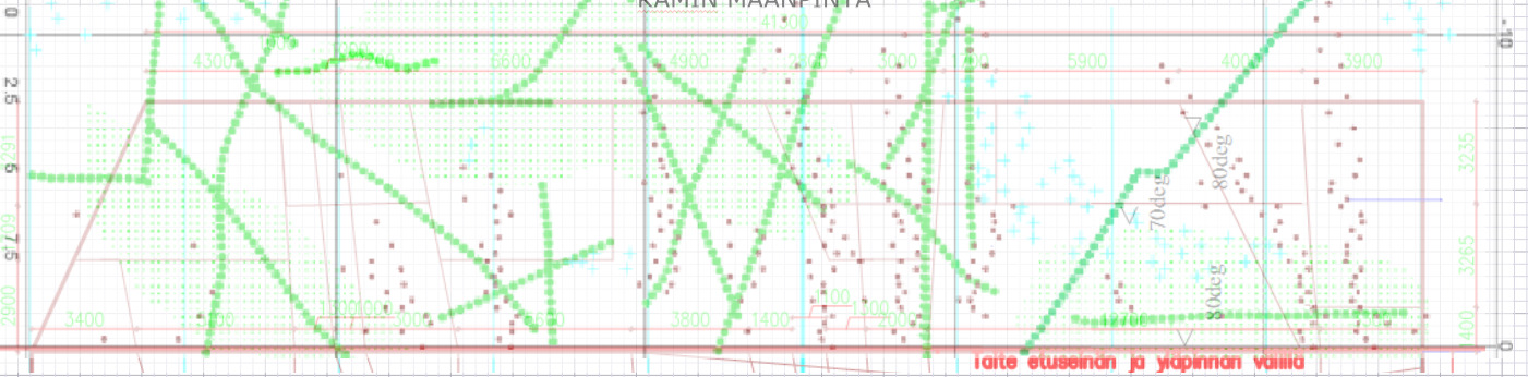 Kuva 4.6. Suora vertailu kamin pinnan seurantatulokselle ja magneettisen sekä rakojen havainnoinnin pintakartalle. Maatutkaan tulkintaan liittyy yksi merkittävä epävarmuustekijä tässä yhteydessä.