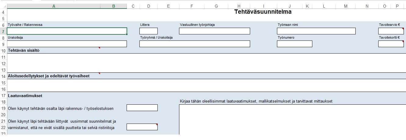 Toinen isossa roolissa oleva asia on tehtäväsuunnitelmat. Tässä käydään läpi tehtävän sisältö, aloitusedellytykset ja edeltävät vaiheet, jotka pitää olla valmiina ennen tehtävän aloitusta (kuva 1).