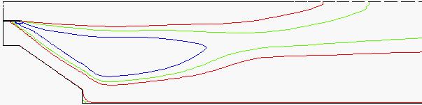 Ainoastaan RNG-mallin antamalla nopeusprofiililla on kohdissa x =,24 m ja x =,32 m hieman muista poikkeava muoto. k-e-mallin antama nopeus keskilinjalla on hieman pienempi kuin muilla malleilla.