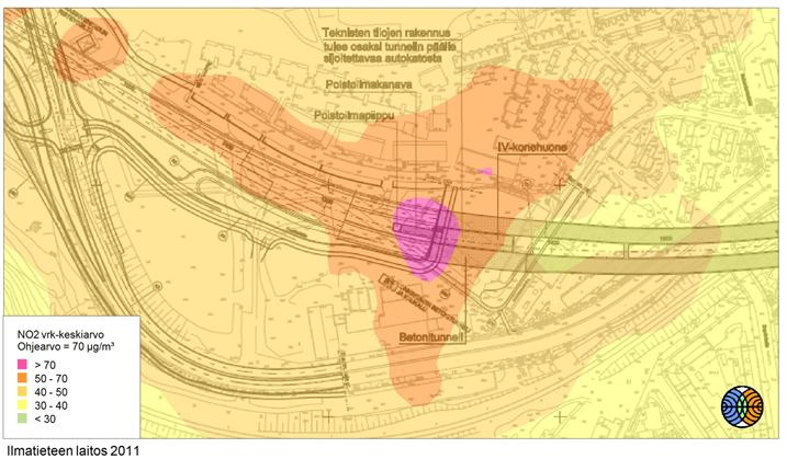 Keskeiset tulokset Santalahden suuaukko 2020 Ohjearvon ylitysalue Pääosin liikennealuetta Typpidioksidipitoisuuden (NO 2 ) vuorokausikeskiarvot (µg/m³)