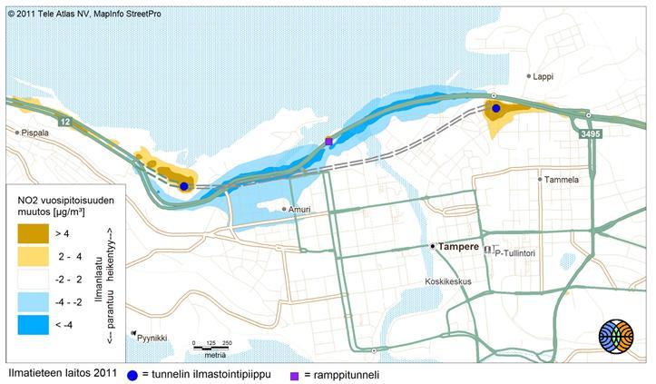 Keskeiset tulokset Ilmanlaadun muutosalueet Rantaväylän tunnelin rakentaminen tiesuunnitelman ilmanvaihdon perusratkaisulla aiheuttaa NO 2