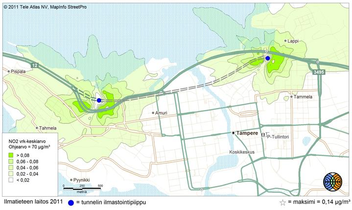 Keskeiset tulokset Poistoilmapiippujen vaikutus ilmanlaatuun Tunnelin ilmastointipiippujen päästöjen aiheuttamien typpidioksidipitoisuuksien (NO 2 )