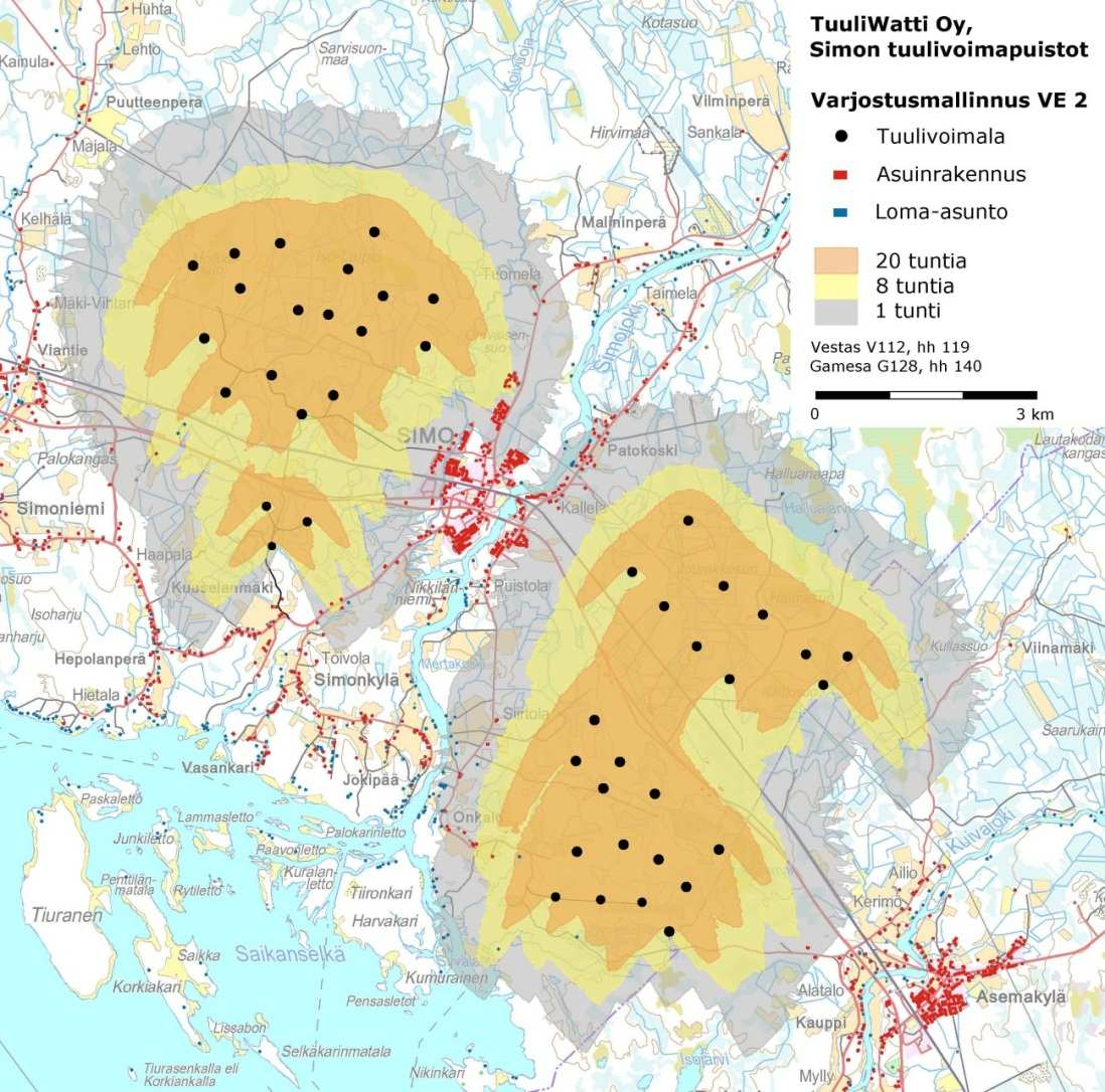 47 (49) Onkalon tuulivoimapuisto Kuva 13. Varjomallinnuksen tulokset Simon tuulivoimapuistohankkeissa. 6.