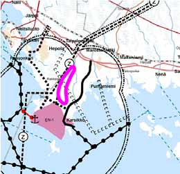 HANKEALUEEN NYKYTILA Kuva 9.2. Ote Kemi-Tornion alueen ydinvoimamaakuntakaavasta. Karsikon tuulivoimapuiston alustava aluerajaus on merkitty pinkillä viivalla.