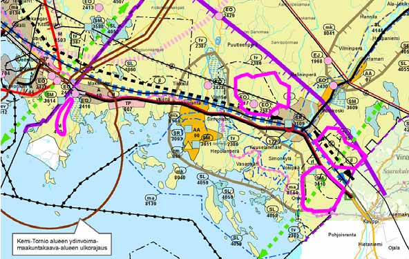 Maakuntakaavaehdotuksessa voimajohtoyhteyden alueet on pääasiassa osoitettu maa- ja metsätalousalueiksi (M).