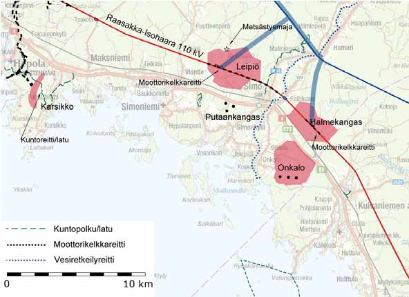 HANKEALUEEN NYKYTILA 9.7.2 Alueen elinkeinotoiminta Simon tuulivoimapuistojen hankealueet ovat pääosin metsätalouskäytössä. Leipiön ja Onkalon hankealueilla on myös yksittäisiä peltoalueita.