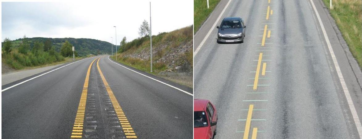 Kuva 5 Ohituskieltomerkintä Opplandissa Norjassa ja Östfoldin kokeilun ohitusosuus.