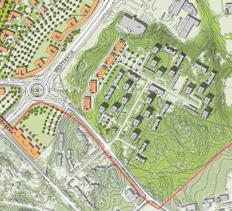 VAISAAREN RINTEEN ASUINALUE Mäen laelle sijoitetaan muutamia pienimuotoisia terassitaloja, joiden enimmäiskerrosluku on 4 ja jotka porrastuvat rinteeseen.
