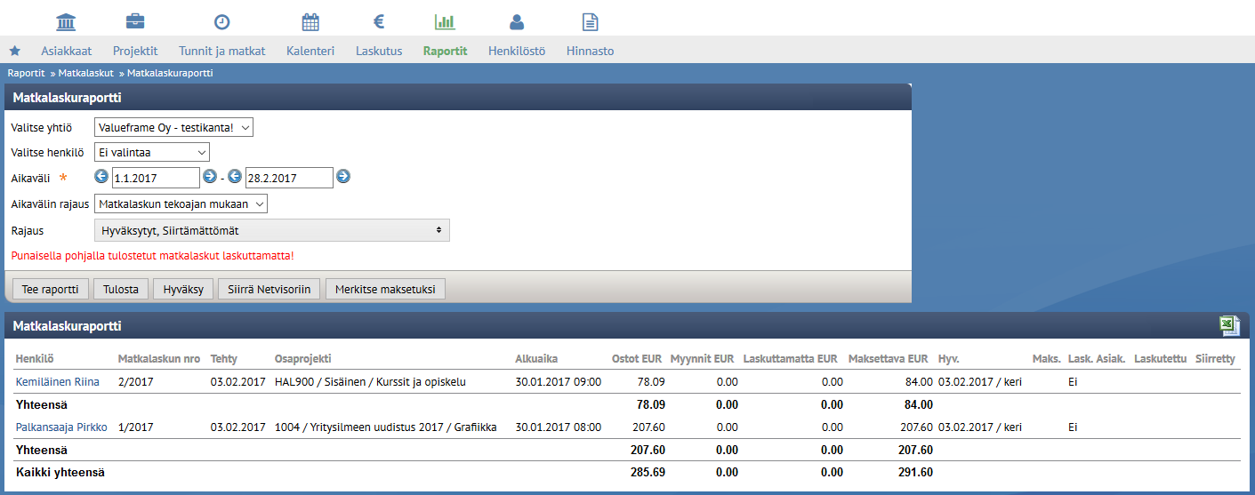2.3 Matkalaskujen siirto tapahtumaraportilta Valinnalla Raportit» Projektinhallinta» Tapahtumaraportti voidaan valita matkalaskut jotka halutaan
