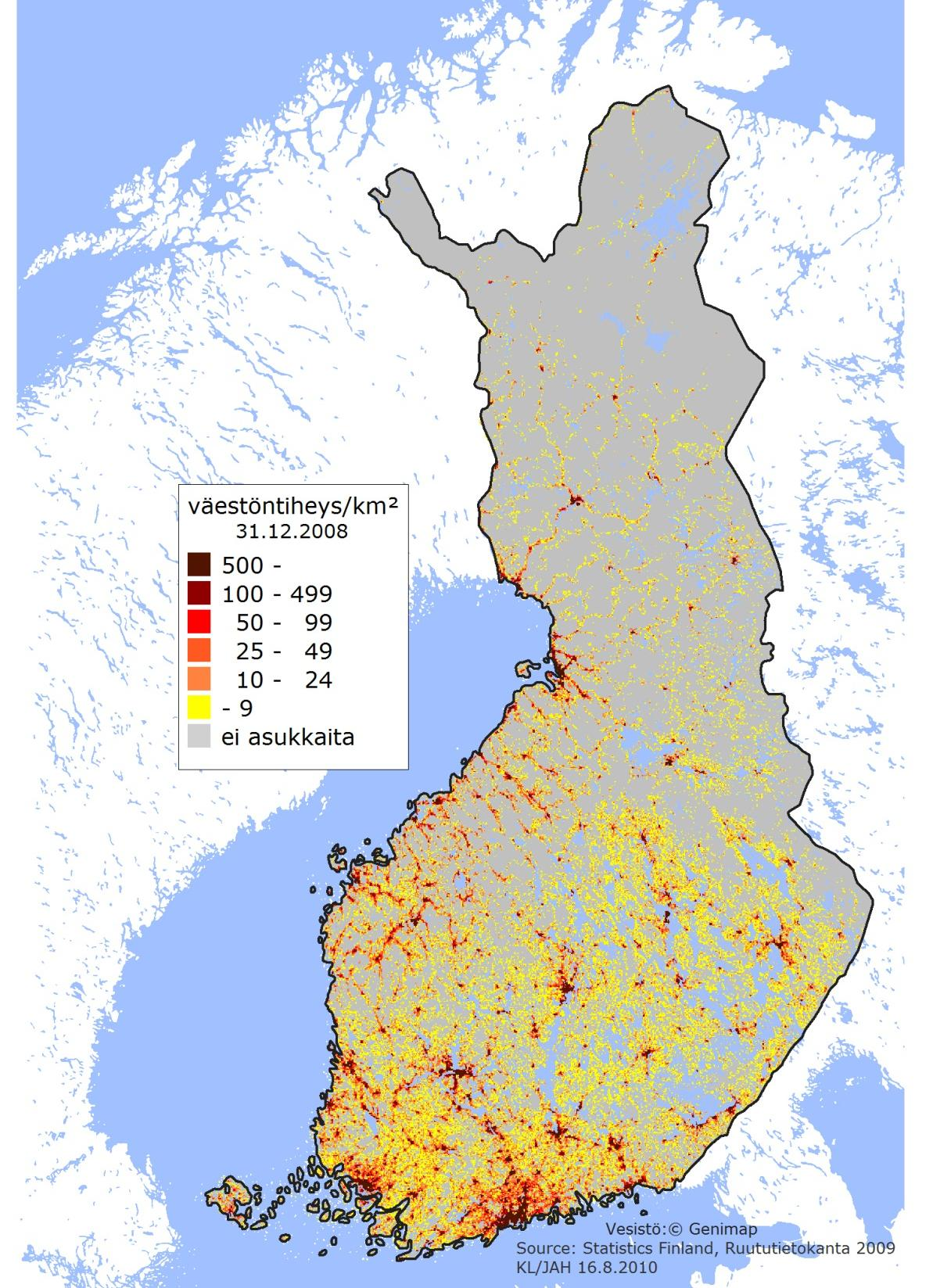 Väestöntiheys Suomessa Koko EU alueen asukastiheys on n. 114 as./km 2 Suomen asukastiheys on 17,6 as./km 2 Uudenmaan maakunnan asukastiheys 222,6 as.