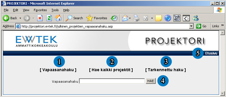 2 Projektien julkinen haku ja selailu 2.1 Hakuvaihtoehdot 1) Vapaasanahaku -linkistä pääset hakemaan projekteja yhdellä hakusanalla.