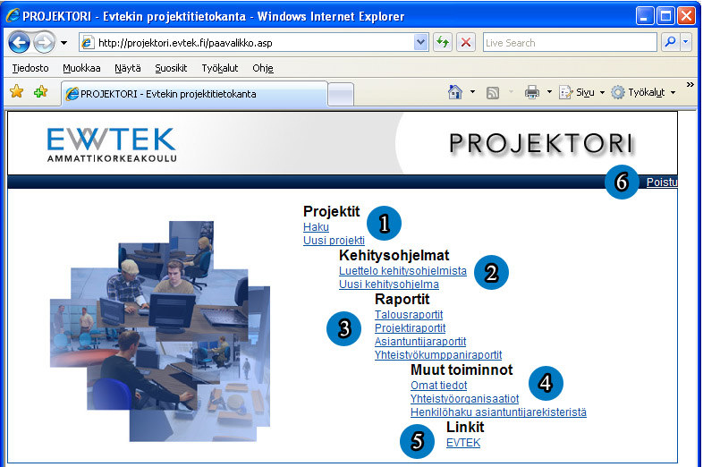 4.3 Projektien hallinnan päävalikko 1) PROJEKTIT-otsikon alta olevasta Haku-linkistä (luku 4.4) pääsee selailemaan ja muokkaamaan jo olemassa olevia projekteja. Uusi projekti-linkistä (luku 5.
