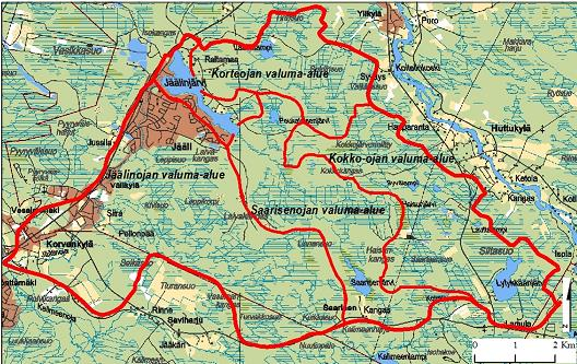 3 KORTEOJA OSANA JÄÄLINJÄRVEN VALUMA-ALUETTA Korteojan valuma-alue kattaa noin viidesosan koko Jäälinjärven valumaalueesta.