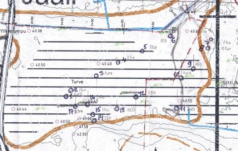 KUVA 9. Kairauspisteet piirrettynä GPS- koordinaattien perusteella kartalle.