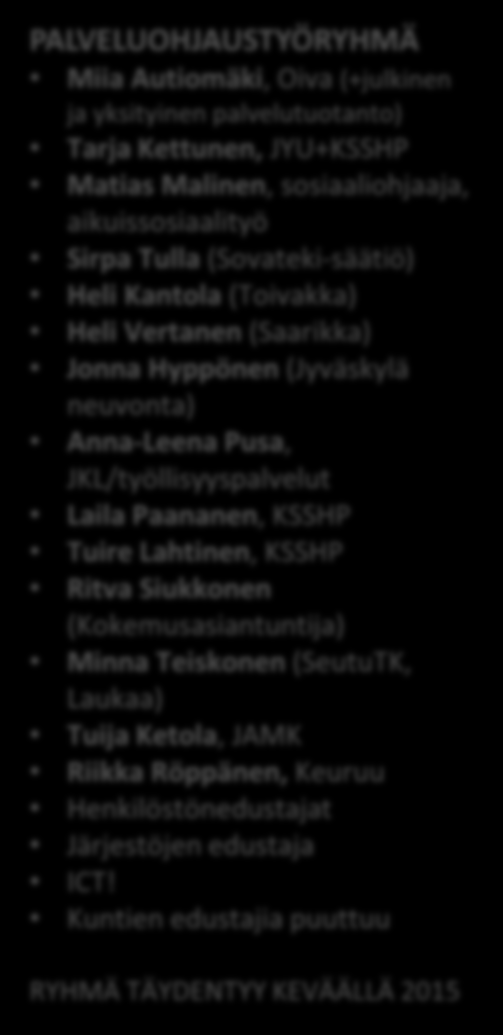 neuvonta) Anna-Leena Pusa, JKL/työllisyyspalvelut Laila Paananen, KSSHP Tuire Lahtinen, KSSHP