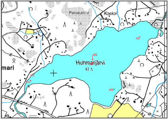 14 Kuvio 4. Huhmarjärven sedimenttinäytteenottopisteet.