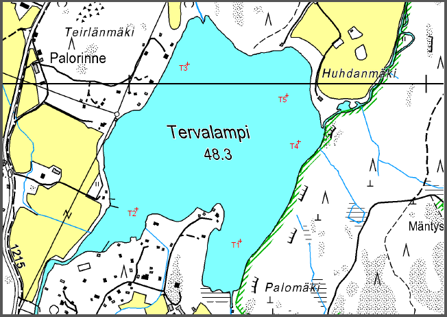 15 Kuvio 5. Tervalammen sedimenttinäytteenottopisteet. Ongelmaksi muodostui myös se, että sedimenttinäytteenotinta ei saatu tunkeutumaan pohjaan tarpeeksi syvälle.