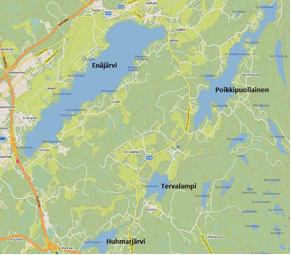 2 2 Tutkittavat järvet Tervalampi ja Huhmarjärvi kuuluvat Siuntionjoen vesistön latvajärviin. Tervalammen ja Huhmarjärven sijainti kartalla on esitetty kuvassa 1. Kuvio 1.