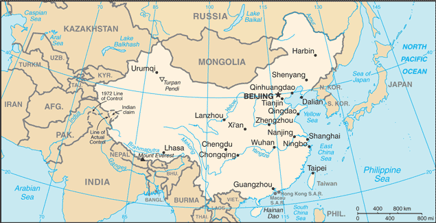 9 3.2 Kiinan yleiskatsaus Kuva 2. Kiinan kartta. (Central Intelligence Agencyn www-sivut 2012) Kiinan kansantasavalta on maailman väkirikkain valtio noin 1,34 miljardilla asukkaallaan.