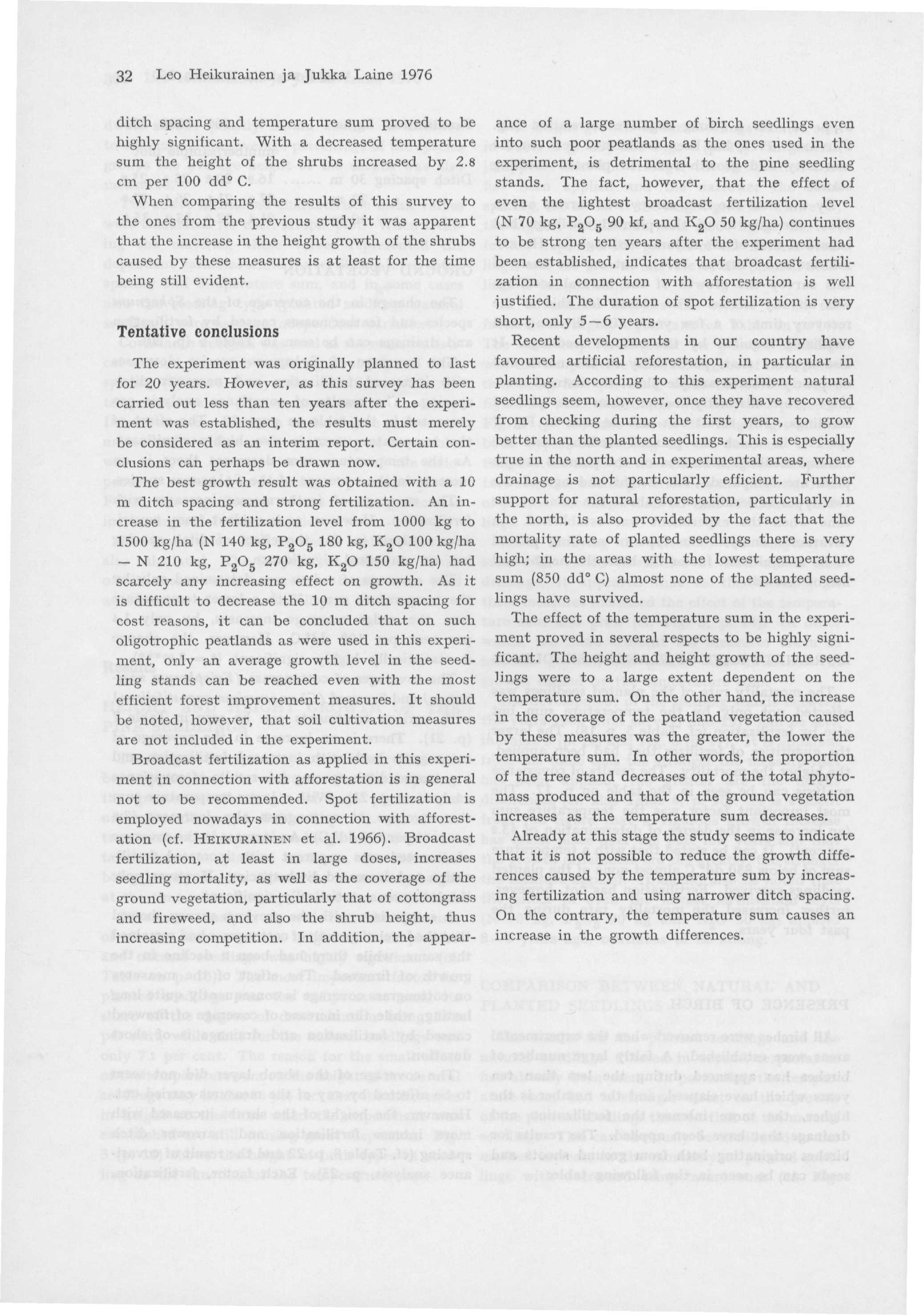 32 Leo Heikurainen ja Jukka Laine 1976 ditch spacing and temperature sum proved to be highly significant. With a decreased temperature sum the height of the shrubs increased by 2.8 cm per 0 dd C.