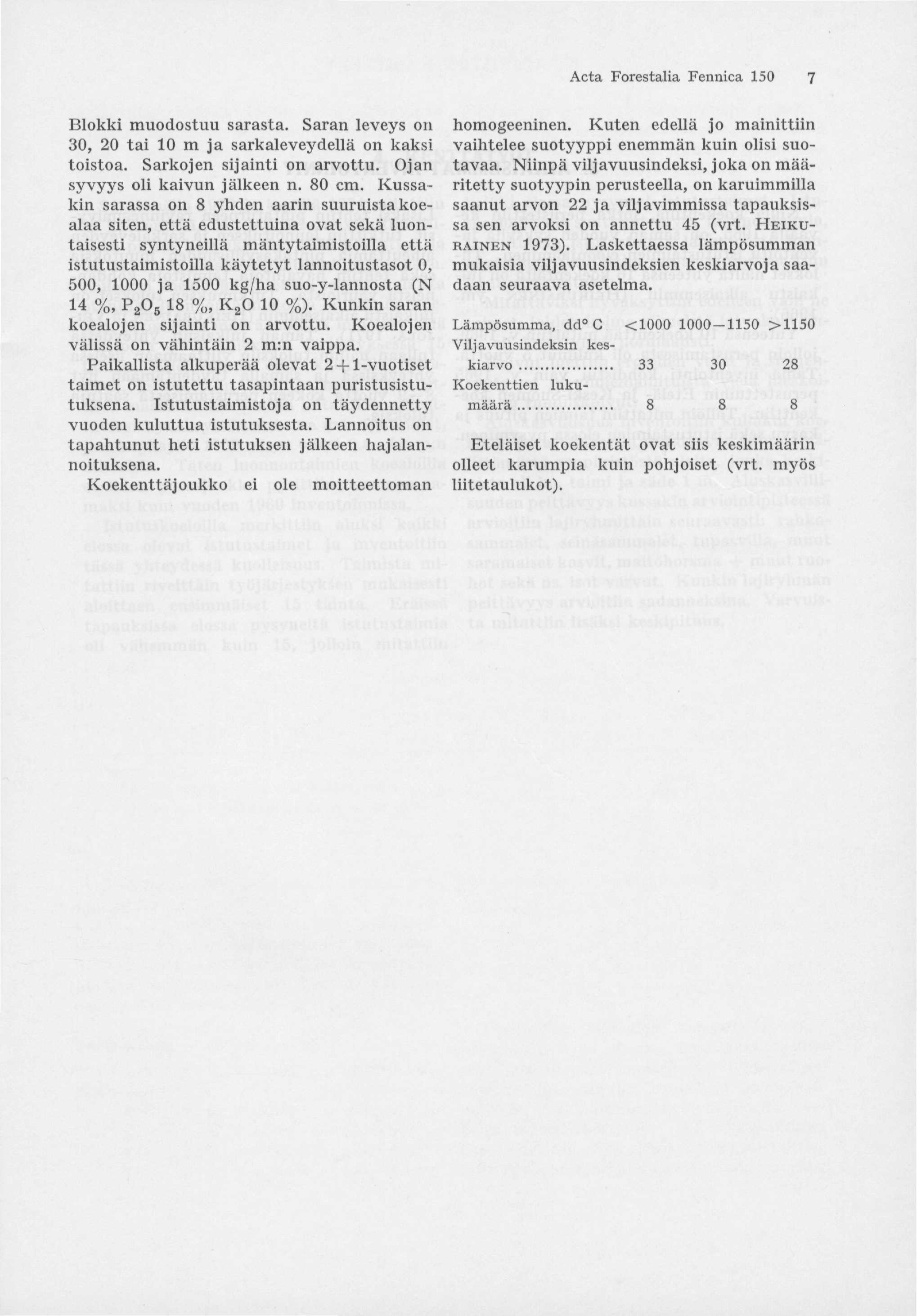 Acta Forestalia Fennica 150 Blokki muodostuu sarasta. Saran leveys on, tai m ja sarkaleveydella on kaksi toistoa. Sarkojen sijainti on arvottu. Ojan syvyys oli kaivun jälkeen n. 80 cm.
