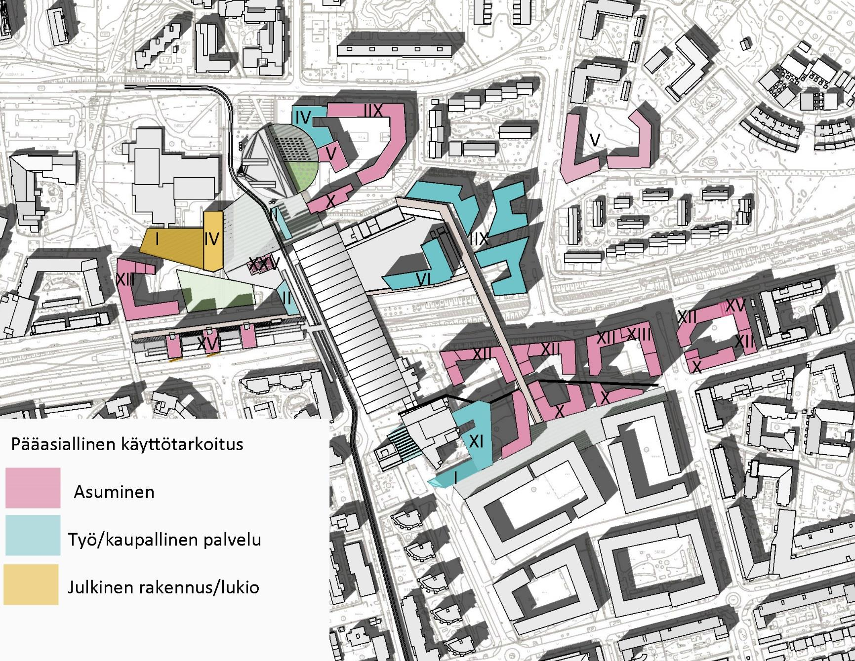 Koulu siirretään urheilutalon viereen yhteiskäyttömahdollisuuksien parantamiseksi Mosaiikkitori rajataan tiiviiksi kaupunkitilaksi uudisrakennuksilla, Valkopaadentie siirretään lähemmäs Vuotaloa