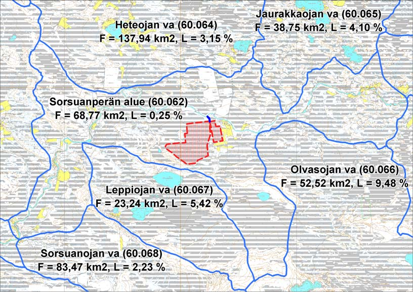 FCG Finnish Consulting Group Oy Vapo Oy, Kuokkasuon turvetuotantohanke 8 (24) 7.2 Purkuvesistön veden laatu Kuva 3. Sorsuanperän valuma-alue ja hankealueen sijainti (punainen rasteri).