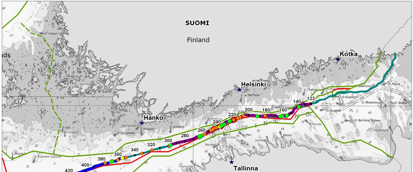 G-PE-EMS-MON-100-0306ENA1-A 5 Kuva 3.2 Rakennustoimet putkilinjan reitillä vuosina 2009 ja 2010 Suomen talousvyöhykkeellä.