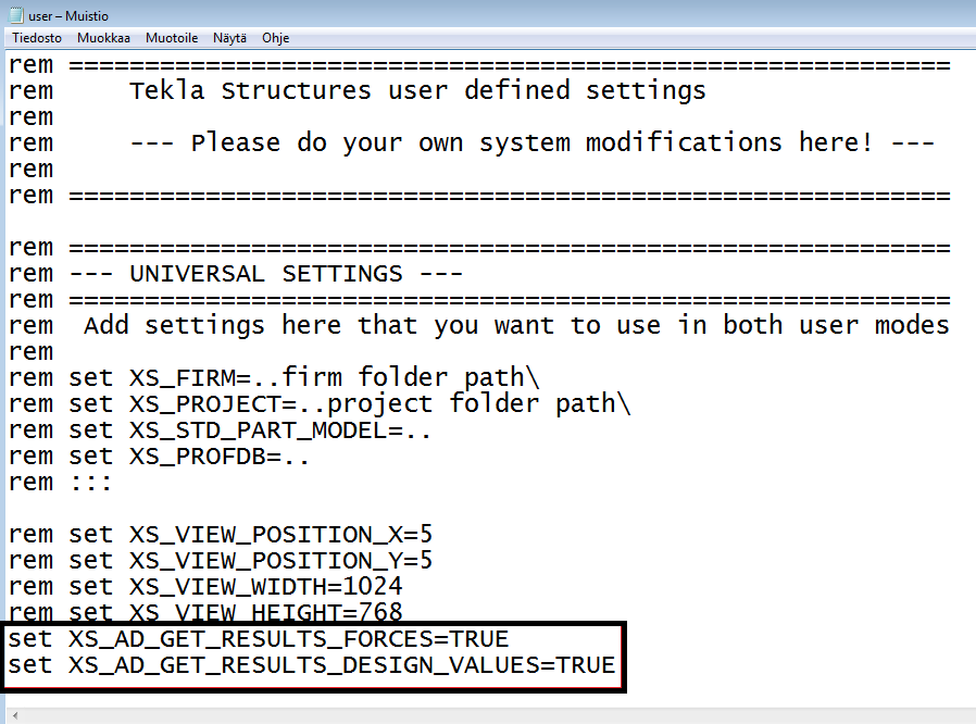 18 Kuva 3. User.ini tekstitiedostoon lisättävät käskyt 3. Mallintaminen Teklassa Linkin asentamisen jälkeen voidaan aloittaa tietomallin laadinta Teklassa.