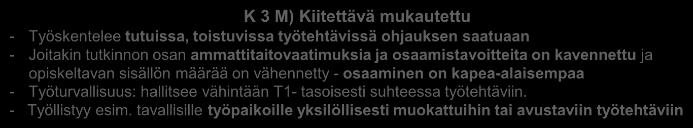 Ammatillinen osaaminen syvenee ja laajenee Mukautettujen arviointikriteereiden laadinta T 1 Tyydyttävä - Työskentelee tutuissa työtehtävissä siten, että työn lopputulos on hyväksyttävissä