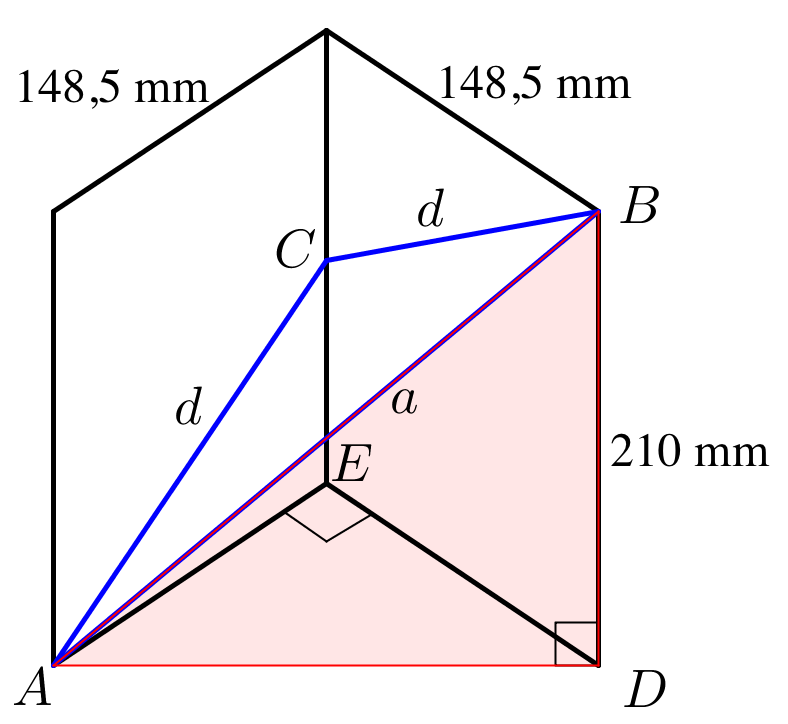 Lasketaan pahvilevyn lävistäjän puolikkaan pituus d Pythagoraan lauseella.