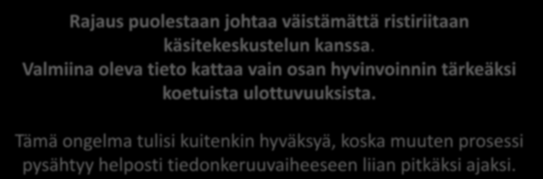 Rajaus puolestaan johtaa väistämättä ristiriitaan käsitekeskustelun kanssa. Valmiina oleva tieto kattaa vain osan hyvinvoinnin tärkeäksi koetuista ulottuvuuksista.