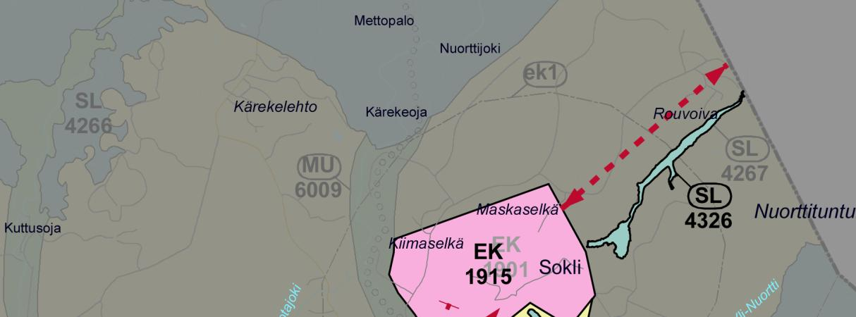 Kaivostoimintaa koskee maakuntakaavan yleismääräys: Malminetsintä ja siihen liittyvät toimenpiteet alueella on turvattava. Kuva 6. Ote maakuntakaavojen yhdistelmästä (ei mittakaavassa).