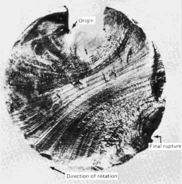 Väsymisvaurion murtopinta Havaitaan eri alueet: Ydintymiskohta Väsymissärön etenemisjälkiä - Pysähtymisviivoja eli makroskooppisia simpukkakuvioita (clamshell marks / beach marks) - Etenemisjäljistä