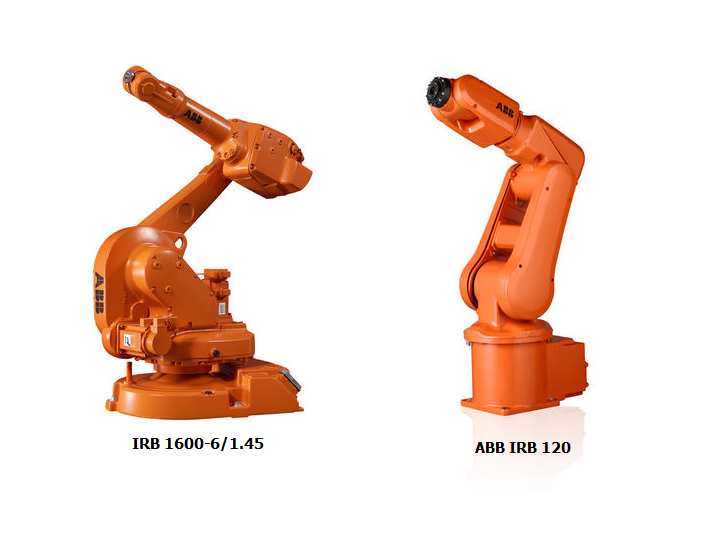 41(51) Kuva 16. Automaatiossa käytettäviksi suunnitellut robottimallit [11]. 1. Robotti numero 1 Ensimmäisenä ABB IRB 1600-6/1.45, joka työskentelee asetettuna robotille tarkoitetulla alustalla.