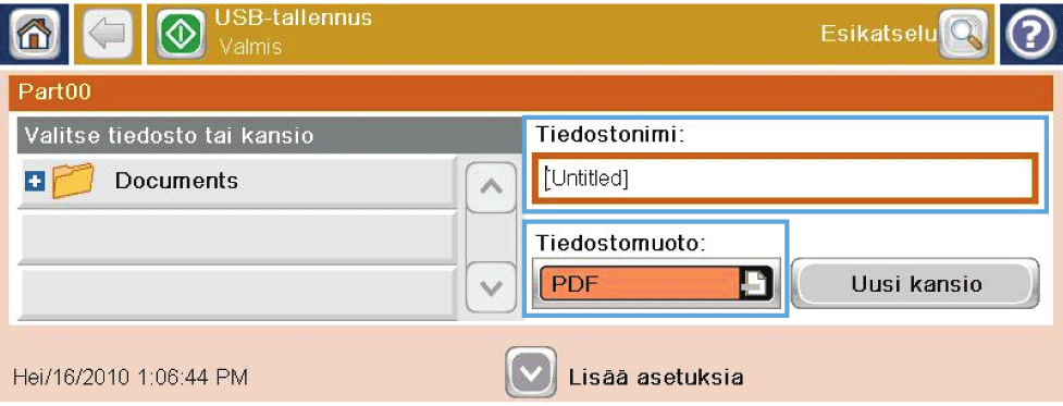 Skannatun asiakirjan lähettäminen USB-asemaan Laite voi skannata tiedoston ja tallentaa sen USB-asemaan. HUOMAUTUS: Toiminnon käyttö voi vaatia sisäänkirjautumista. 1.