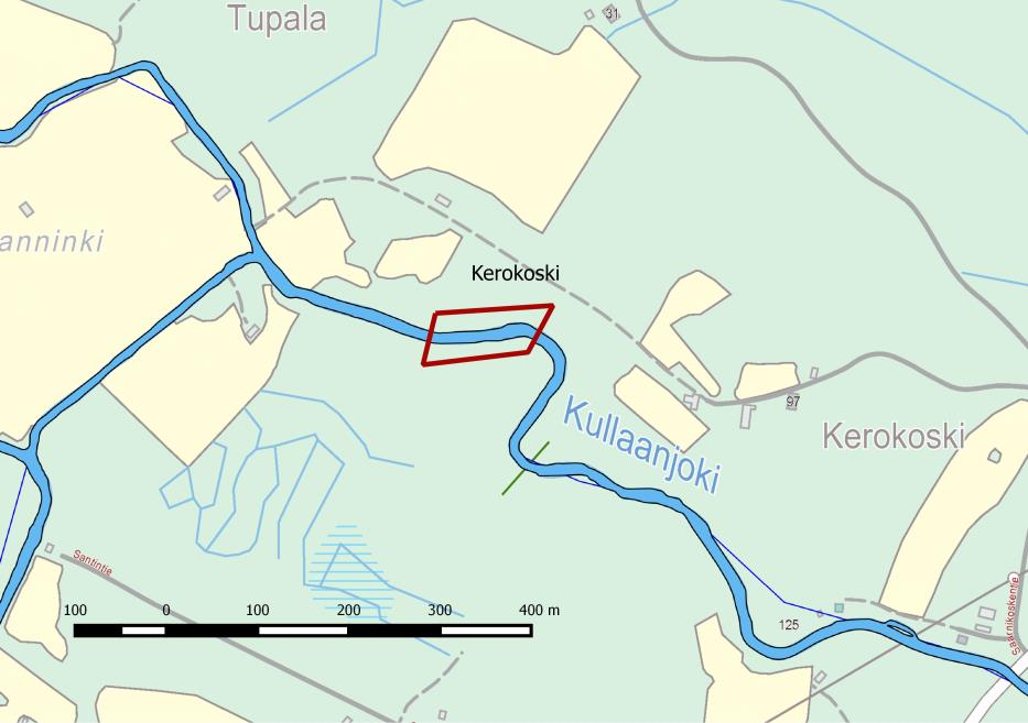 33 Kuva 12. Kerokoski kartalla. Maanmittauslaitos 2015. Uoma on koskialueella perattu, ja pohja on hyvin tasainen. Uoman pohjassa on koko uoman levyinen luonnollinen kynnys, joka aikaansaa virtausta.