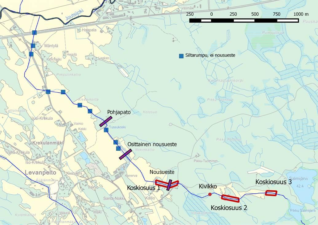 43 Ojan yläosa kulkee metsän ja peltojen läpi. Ojaan on tehty kasteluveden ottamista varten allas, jonka alapuolelle on rakennettu kivistä pato. Tämä voi muodostaa osittaisen nousuesteen kaloille.