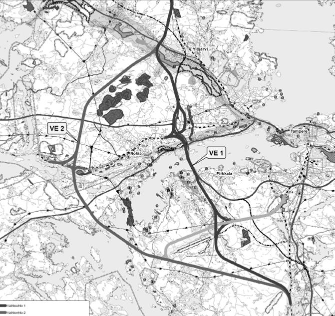 Läntisen ratayhteyden jatkosuunnittelu Aktiiviset linjausvaihtoehdot Linjausvaihtoehdot Ylöjärvellä Kehätien itä- tai länsipuolelta Kytkentä Porin rataan Optimaalinen