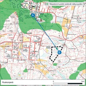 Maasto metsäalueella on pienipiirteisesti vaihtelevaa mäkien, kallioiden ja soistuneiden painanteiden mosaiikkia. Kartta 7.5. Ote Kantakaupungin yleiskaavasta.