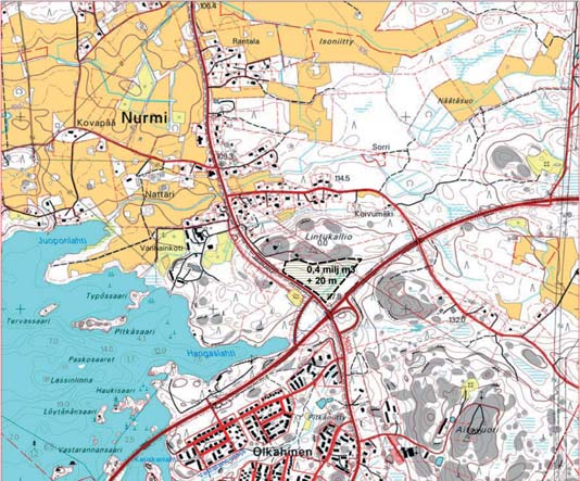 7.4 Lintukallio 7.4.1 Suunnitelma Lintukallion eteläpuolelle on laskettu mahtuvan noin 360 000 kuutiometriä ylijäämämaita.