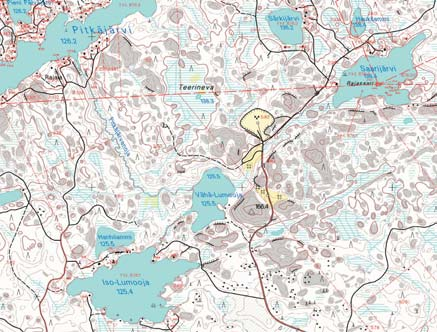 MAA-AINEKSEN OTTOALUE VARTTUNUTTA PUUSTOA 0 1km Kuva 7.22. Luonnonolosuhteet Sorilan alueella. 7.5.