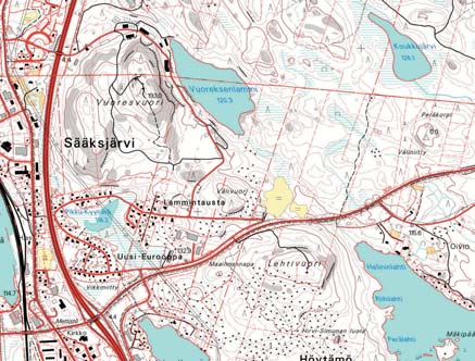 NYKYINEN MAANLÄJITYSALUE VARTTUNUTTA PUUSTOA LUONNONOLOILTAAN ARVOKKAAT KOHTEET SANIAISKORPI AVOLOUHIKKO SANIAISKORPI LEHTIVUORI 0 1km Kuva 7.35. Luonnonolosuhteet Vuoreksen alueella.