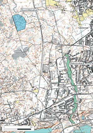 Kuva 7.45. Natura-alueen ja suunnittelualueen sijainti. Natura-aluetta halkovat lukuisat tiet, jotka pirstovat Myllypuron lehdon viideksi erilliseksi alueeksi.