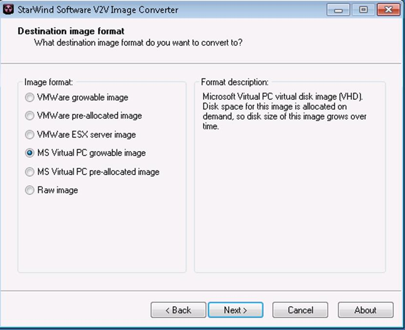 32 Kuva 20. StarWind V2V Converter -ohjelman konversiomahdollisuudet. StarWind V2V Converter havaittiin nopeimmaksi työkaluksi konvertoida VMDKtiedostoja VHD-tiedostoiksi.