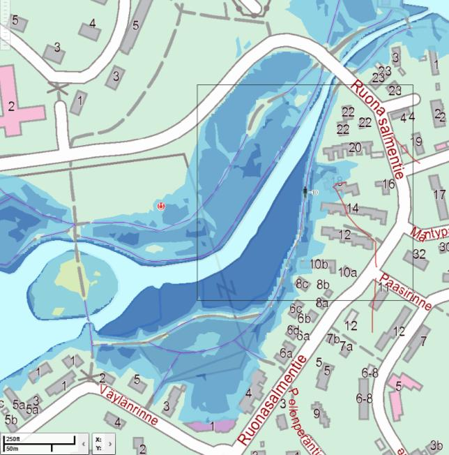 Kuva 10.2-2. Tammisalon Vanhankylänpuiston kevyenliikenteenväylän korotustarve on noin 0 0,5 m yhteensä noin 500 m matkalla. Espoon alueella ei ole vielä toteutettu laajempia tulvasuojeluhankkeita.