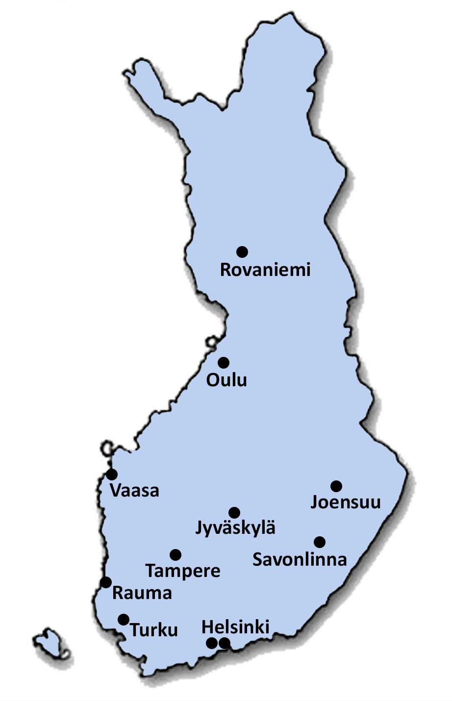 HARJOITTELUKOULUT 1. Lappi: Rovaniemi 2. Pohjois-Suomi: Oulu 3. Länsi- ja Sisä-Suomi: Jyväskylä, Tampere ja Vaasa 4.