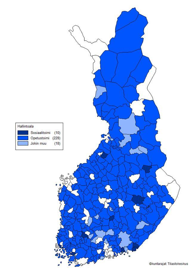 Varhaiskasvatuksen hallinto kunnissa 2016: 2014: 2012:» opetustoimi 228 kunnassa (89 %), sosiaalitoimi 10 (4 %) ja muu tapa 18 (7 %)»